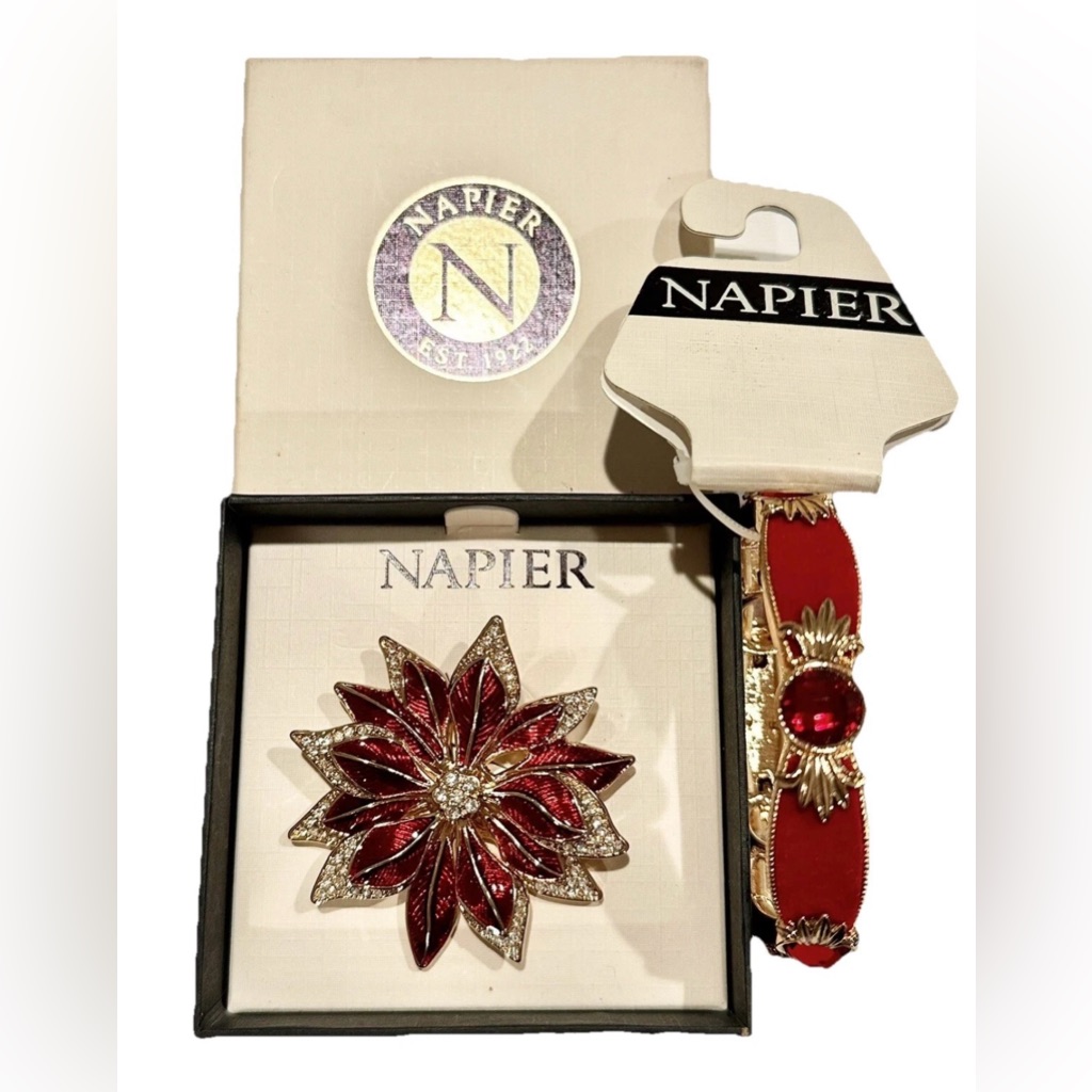 Napier Poinsettia Brooch Pin Bracelet Gold Tone Red Christmas Holiday New Nib 28$